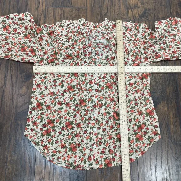 Free People Top XS Floral Orange Green Puff Sleeve Cotton Boho Blouse Women's - Picture 10 of 15